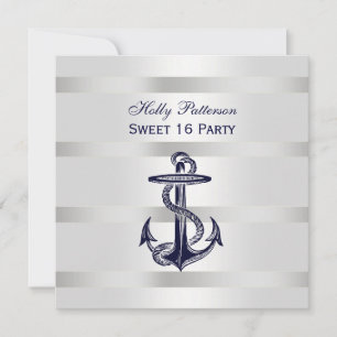 Invitación Nautical Navy Blue Anchor Silver Wt BG SQ Sweet 16