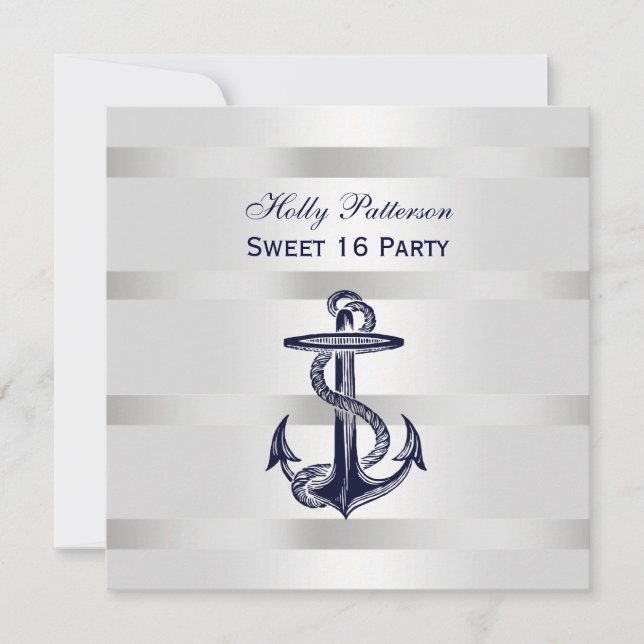 Invitación Nautical Navy Blue Anchor Silver Wt BG SQ Sweet 16 (Anverso)