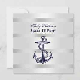 Invitación Nautical Navy Blue Anchor Silver Wt BG SQ Sweet 16