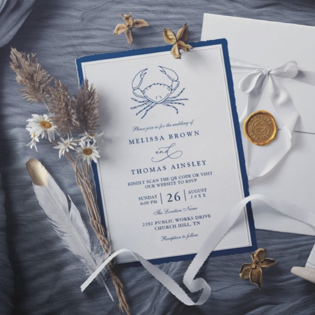 Invitación Nautical Navy Blue Crab Beach QR Code Wedding (Subido por el creador)