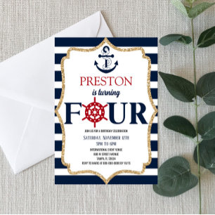 Invitación Nautical Navy Blue Four Cuarto Partido de Cumpleañ