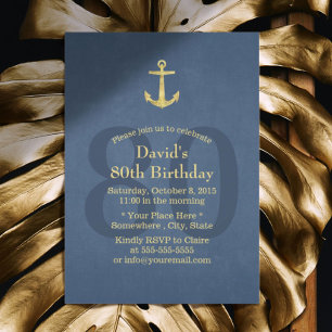 Invitación Nautical Navy Blue Gold Anchor 80th Birthday Party