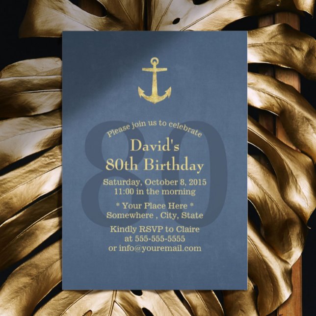 Invitación Nautical Navy Blue Gold Anchor 80th Birthday Party (Subido por el creador)