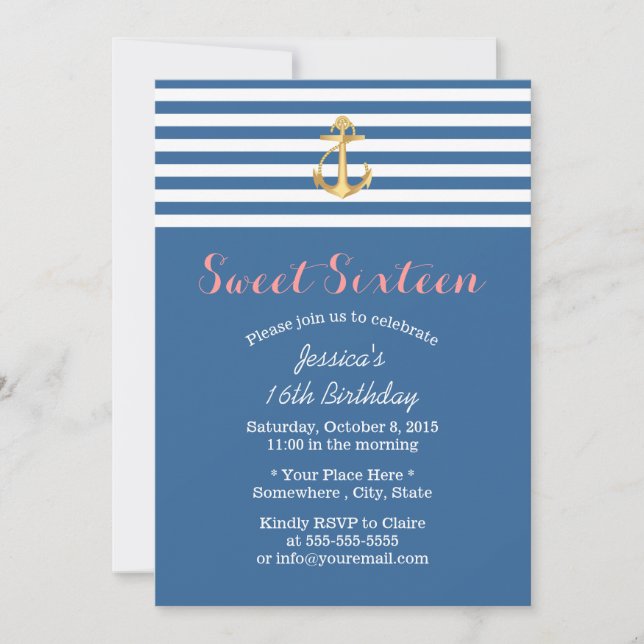Invitación Nautical Navy Blue Gold Anchor Sweet 16 (Anverso)