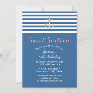 Invitación Nautical Navy Blue Gold Anchor Sweet 16