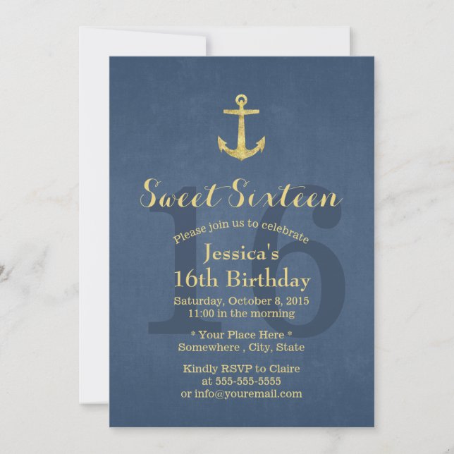 Invitación Nautical Navy Blue Gold Anchor Sweet 16 (Anverso)
