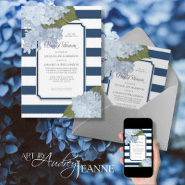 Invitación Nautical Navy Blue Hydrangea Modern Bridal Shower