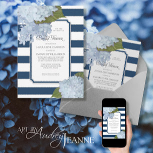 Invitación Nautical Navy Blue Hydrangea Modern Bridal Shower