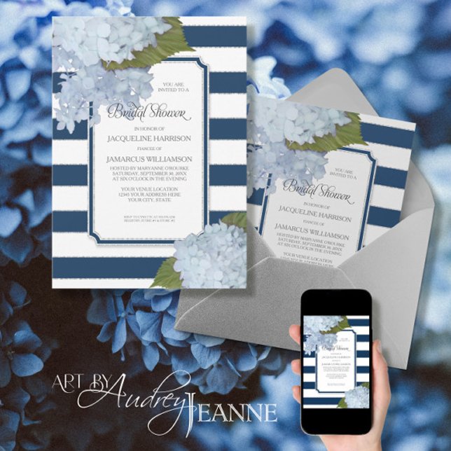 Invitación Nautical Navy Blue Hydrangea Modern Bridal Shower (Subido por el creador)
