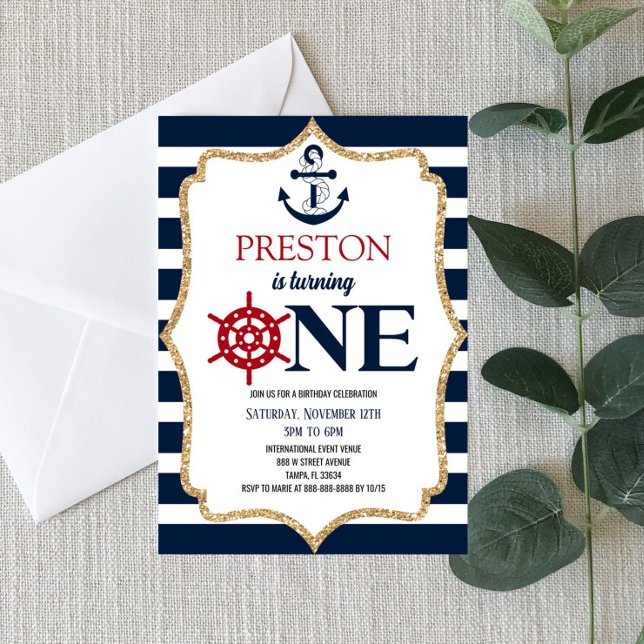 Invitación Nautical Navy Blue One First Birday Party (Subido por el creador)