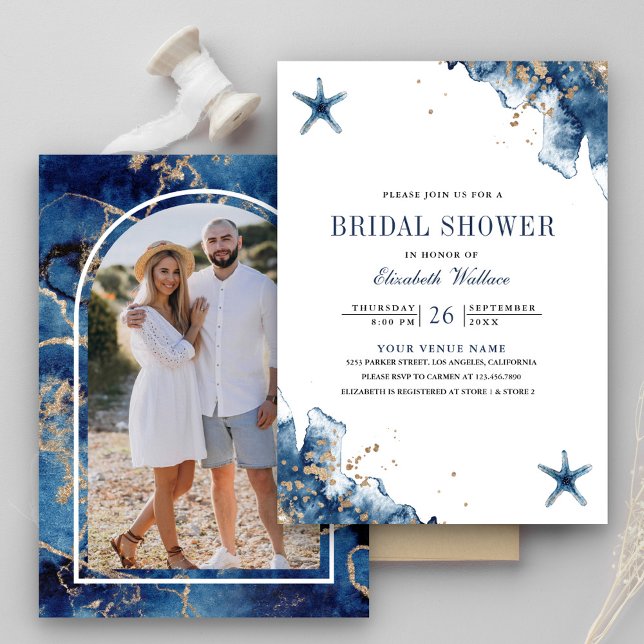 Invitación Nautical Navy Blue Starfish Foto Ducha de novia (Subido por el creador)
