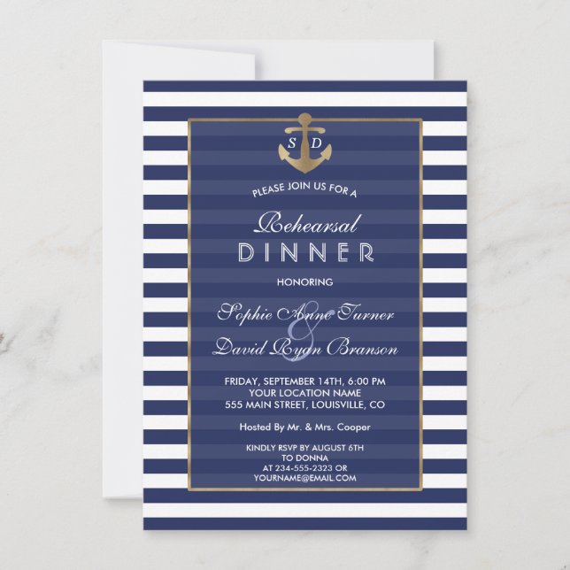 Invitación Nautical Navy Blue Stripes Gold REHEARSAL CENA (Anverso)