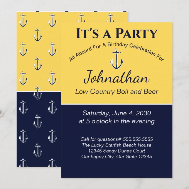 Invitación Nautical Navy Blue Yellow Anchor Birday Party (Anverso / Reverso)