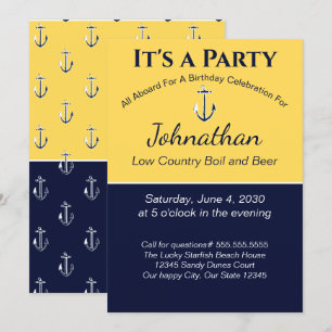 Invitación Nautical Navy Blue Yellow Anchor Birday Party