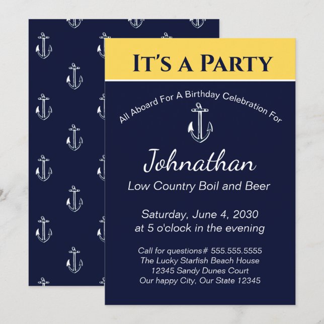 Invitación Nautical Navy Blue Yellow Anchor Birday Party (Anverso / Reverso)