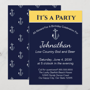 Invitación Nautical Navy Blue Yellow Anchor Birday Party