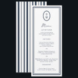 Invitación Nautical Navy Monogram Long Wedding Menu Card<br><div class="desc">Nautical Wedding Menu in classic navy and white — a chic coastal reception menu perfect for elegant seaside celebrations. Inspired by timeless Coastal Elegance and yacht-club aesthetics, this navy stripe monogram long menu is ideal for the modern coastal bride who loves refined simplicity. Style with striped table numbers, navy place...</div>