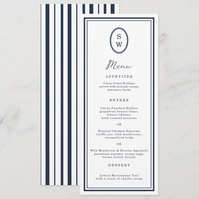 Invitación Nautical Navy Monogram Long Wedding Menu Card (Anverso / Reverso)