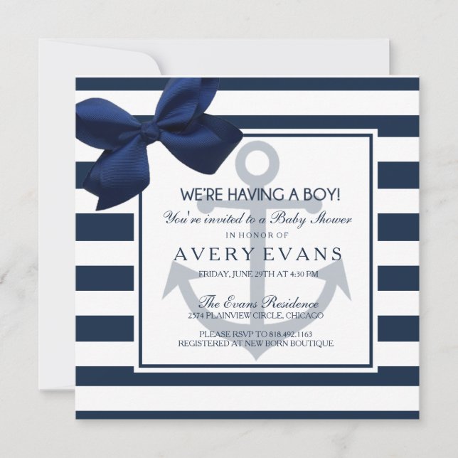 Invitación Nautical Navy Ribbon Anchor es un niño Baby Shower (Anverso)