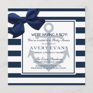 Invitación Nautical Navy Ribbon Anchor es un niño Baby Shower