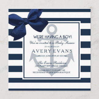 Invitación Nautical Navy Ribbon Anchor es un niño Baby Shower