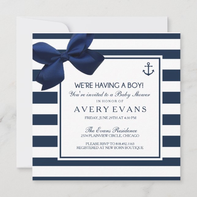 Invitación Nautical Navy Ribbon Anchor es un niño Baby Shower (Anverso)