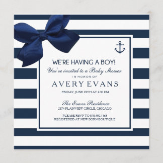 Invitación Nautical Navy Ribbon Anchor es un niño Baby Shower