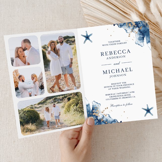 Invitación Nautical Navy Starfish All in One QR Code Wedding (Subido por el creador)