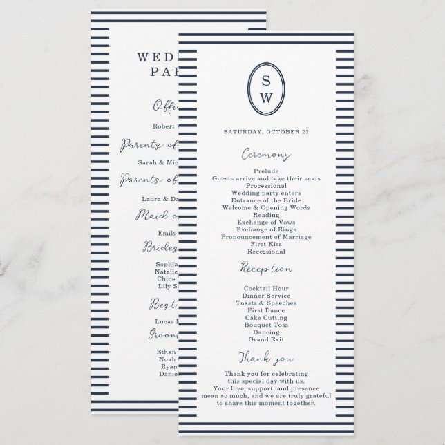Invitación Nautical Navy Stripe Classic Wedding Program Card (Anverso / Reverso)