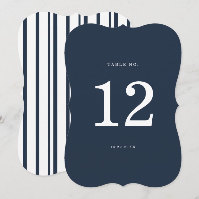 Invitación Nautical Navy Stripe Die-Cut Wedding Table Number (Anverso / Reverso)