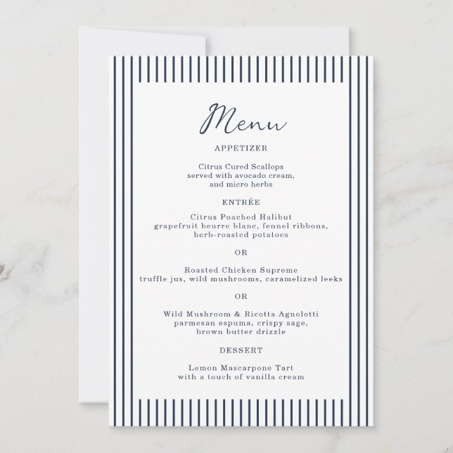 Invitación Nautical Navy Stripe Monogram Wedding Menu Card (Anverso)