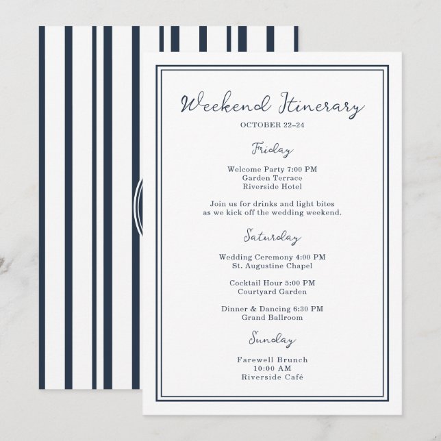 Invitación Nautical Navy Wedding Weekend Itinerary Card (Anverso / Reverso)