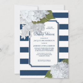 Invitación Nautical Navy White Modern Hydrangea Ducha Náutica