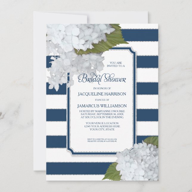 Invitación Nautical Navy White Modern Hydrangea Ducha Náutica (Anverso)