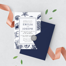 Invitación Nautical Oceanic clásico azul marino oscuro 3 Boda