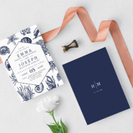 Invitación Nautical Oceanic clásico Boda azul marino oscuro