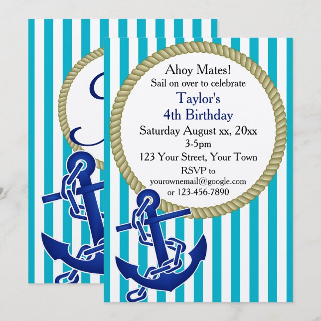 Invitación Nautical Personalized Birday Party (Anverso / Reverso)