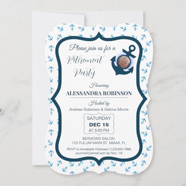 Invitación Nautical Photo Anchor y la Marina tonos azules Ret (Anverso)