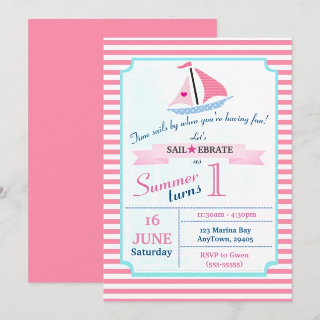 Invitación Nautical Pink Sail Away Birday for Chica (Anverso / Reverso)