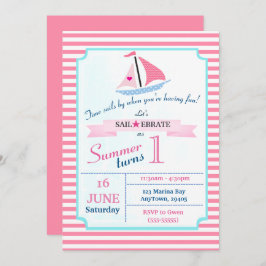 Invitación Nautical Pink Sail Away Birday for Chica