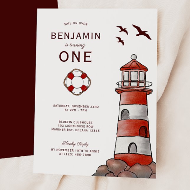 Invitación Nautical Red Lighthouse Costal 1st Birthday (Subido por el creador)