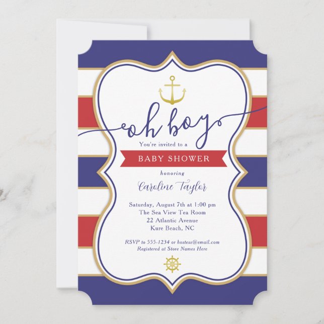 Invitación Nautical Red White Blue Julio 4 Boy Baby Shower (Anverso)