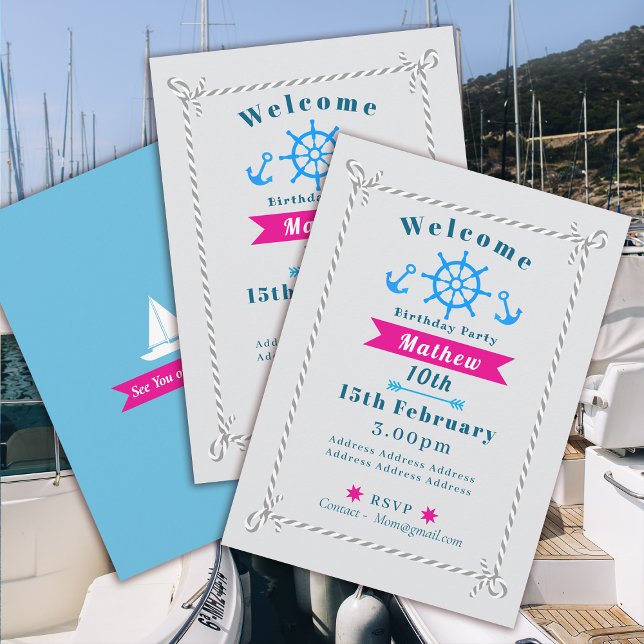 Invitación Nautical Rope Birday Gray (Nautical Rope Birthday Invitation Grey Card.)