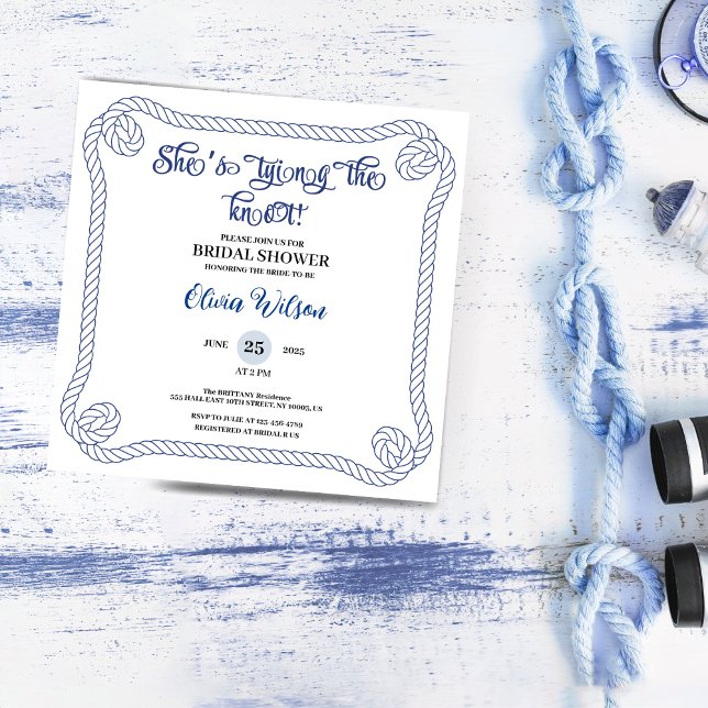Invitación Nautical Rope she’s Tying the Knot  Bridal Shower  (nautical bridal shower invitations anchor summer beach rope ocean wedding beach theme simple minimal)