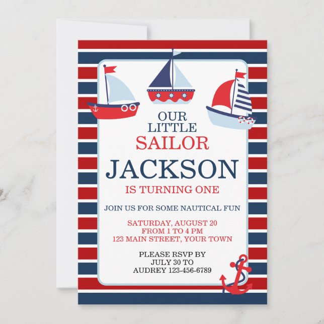 Invitación Nautical Sail Boats 1er (o cualquier edad) Cumplea (Anverso)