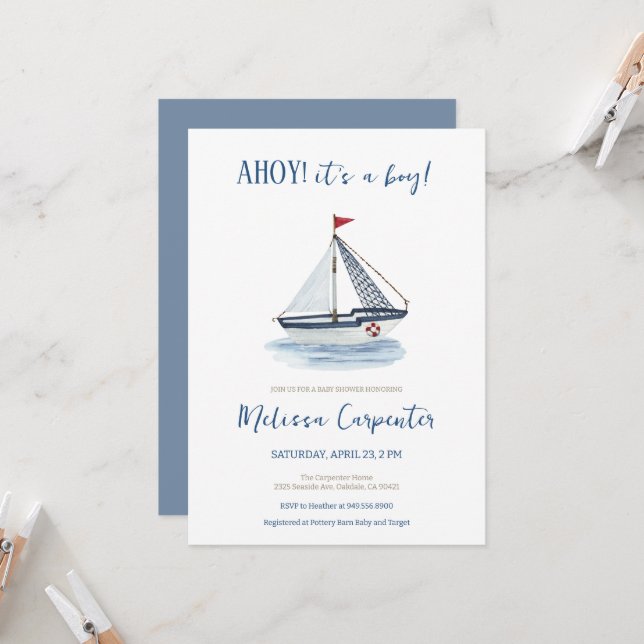 Invitación Nautical Sailboat Ahoy es una ducha de bebé (Anverso/Reverso In Situ)