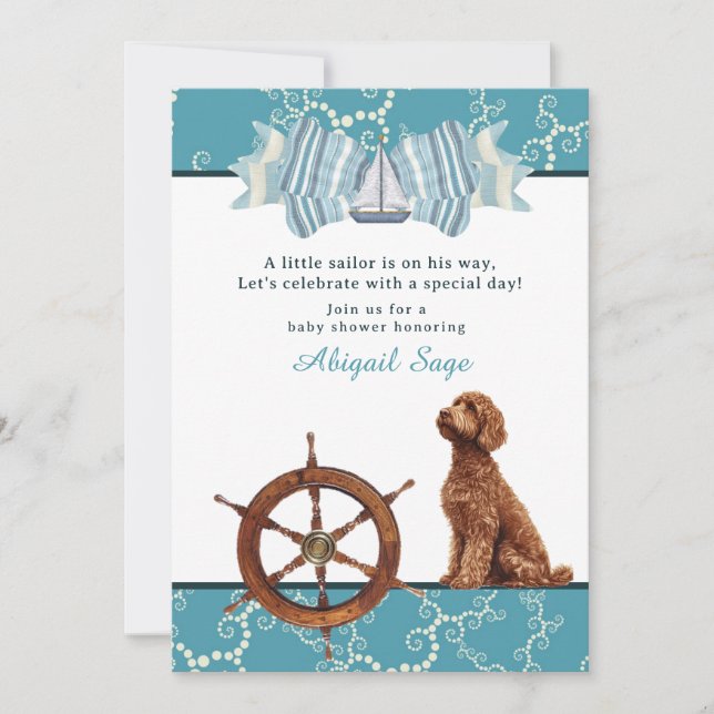 Invitación Nautical Sailboat y Goldendoodle Boy Baby Shower (Anverso)