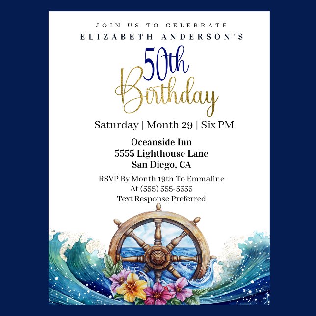 Invitación Nautical Sailing Wheel 50th Birthday (Nautical sailing wheel ocean waves floral 50th birthday invitation in navy blue and gold
)