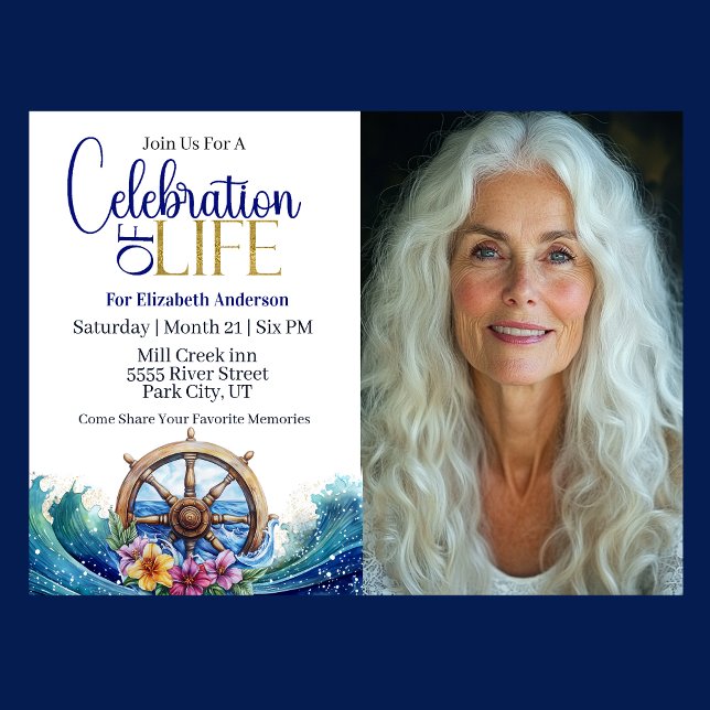 Invitación Nautical Sailing Wheel Celebration Of Life (Nautical Celebration Of Life invitation with ship wheel, ocean waves, and tropical flowers )