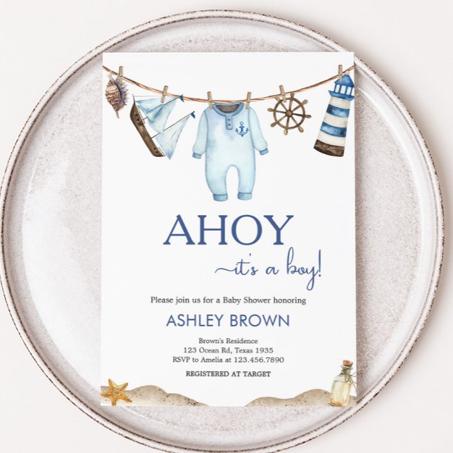 Invitación Nautical Sailor Ahoy Baby Shower (Nautical Sailor Ahoy Clothesline Baby Shower Invitation)